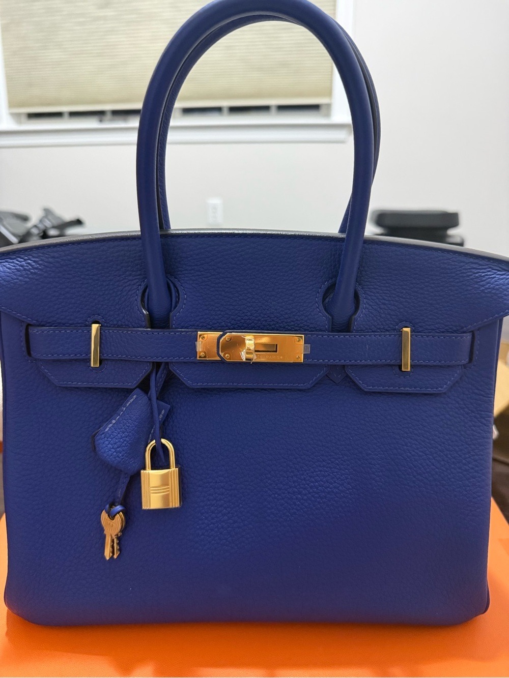 Hermes Birkin 30 Electrique Bleu Togo Leather Top-Handle Satchel w/Gold Hardward